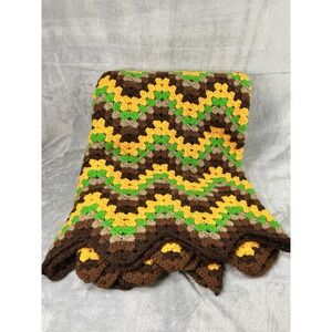 Vtg Afghan Crochet Knit Throw Blanket 49x56 Handmade Chevron Brown Yellow Green